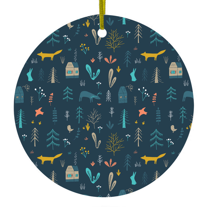 House, Deer, Tree Ceramic Ornament