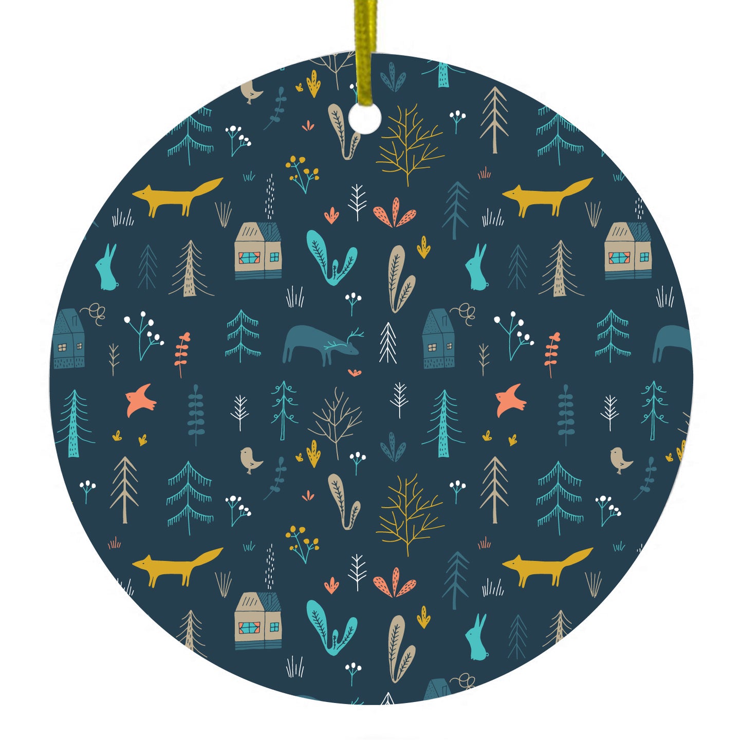 DistinctInk® Hanging Ceramic Christmas Tree Ornament with Gold String - Great Gift / Present - 2 3/4 inch Diameter - Modern Floral - Navy - House, Deer, Tree