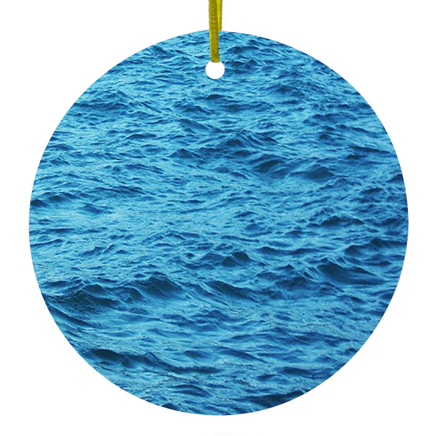 DistinctInk® Hanging Ceramic Christmas Tree Ornament with Gold String - Great Gift / Present - 2 3/4 inch Diameter - Blue Water Ocean Waves