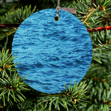 DistinctInk® Hanging Ceramic Christmas Tree Ornament with Gold String - Great Gift / Present - 2 3/4 inch Diameter - Blue Water Ocean Waves