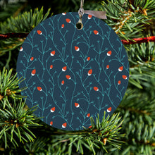 DistinctInk® Hanging Ceramic Christmas Tree Ornament with Gold String - Great Gift / Present - 2 3/4 inch Diameter - Modern Floral - Strawberry Vine - Teal Navy