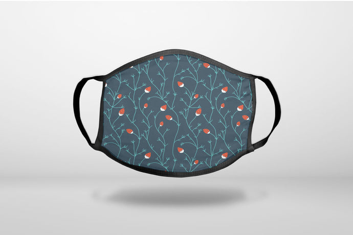 Modern Floral - Strawberry Vine - Teal Navy - 3-Ply Reusable Soft Face Mask Covering, Unisex, Cotton Inner Layer