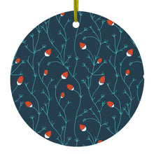 DistinctInk® Hanging Ceramic Christmas Tree Ornament with Gold String - Great Gift / Present - 2 3/4 inch Diameter - Modern Floral - Strawberry Vine - Teal Navy