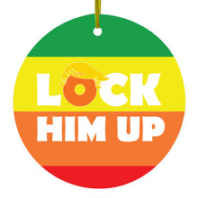 DistinctInk® Hanging Ceramic Christmas Tree Ornament with Gold String - Great Gift / Present - 2 3/4 inch Diameter - LOCK HIM UP Rainbow Anti Trump