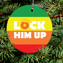 DistinctInk® Hanging Ceramic Christmas Tree Ornament with Gold String - Great Gift / Present - 2 3/4 inch Diameter - LOCK HIM UP Rainbow Anti Trump