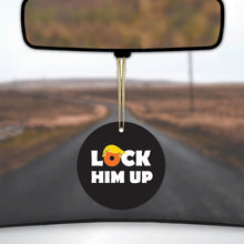 DistinctInk® Hanging Ceramic Christmas Tree Ornament with Gold String - Great Gift / Present - 2 3/4 inch Diameter - LOCK HIM UP Black Anti Trump