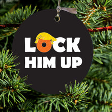 DistinctInk® Hanging Ceramic Christmas Tree Ornament with Gold String - Great Gift / Present - 2 3/4 inch Diameter - LOCK HIM UP Black Anti Trump