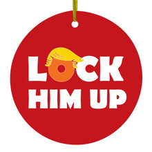 DistinctInk® Hanging Ceramic Christmas Tree Ornament with Gold String - Great Gift / Present - 2 3/4 inch Diameter - LOCK HIM UP Red Anti Trump