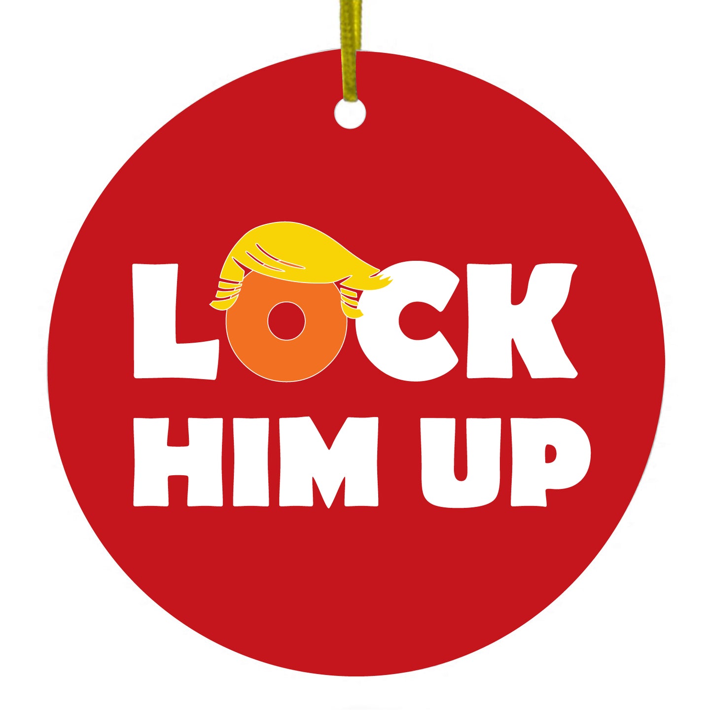 DistinctInk® Hanging Ceramic Christmas Tree Ornament with Gold String - Great Gift / Present - 2 3/4 inch Diameter - LOCK HIM UP Red Anti Trump