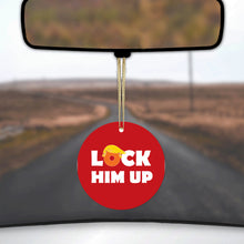 DistinctInk® Hanging Ceramic Christmas Tree Ornament with Gold String - Great Gift / Present - 2 3/4 inch Diameter - LOCK HIM UP Red Anti Trump