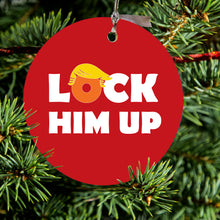 DistinctInk® Hanging Ceramic Christmas Tree Ornament with Gold String - Great Gift / Present - 2 3/4 inch Diameter - LOCK HIM UP Red Anti Trump