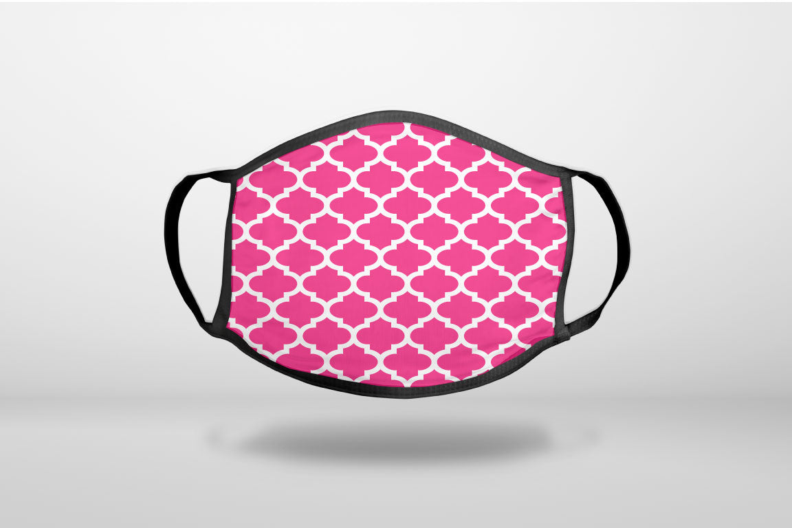 Hot Pink White Moroccan Lattice - 3-Ply Reusable Soft Face Mask Covering, Unisex, Cotton Inner Layer