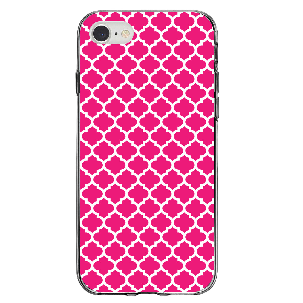 Hot Pink White Moroccan Lattice Clear Shockproof iPhone Case, view 5