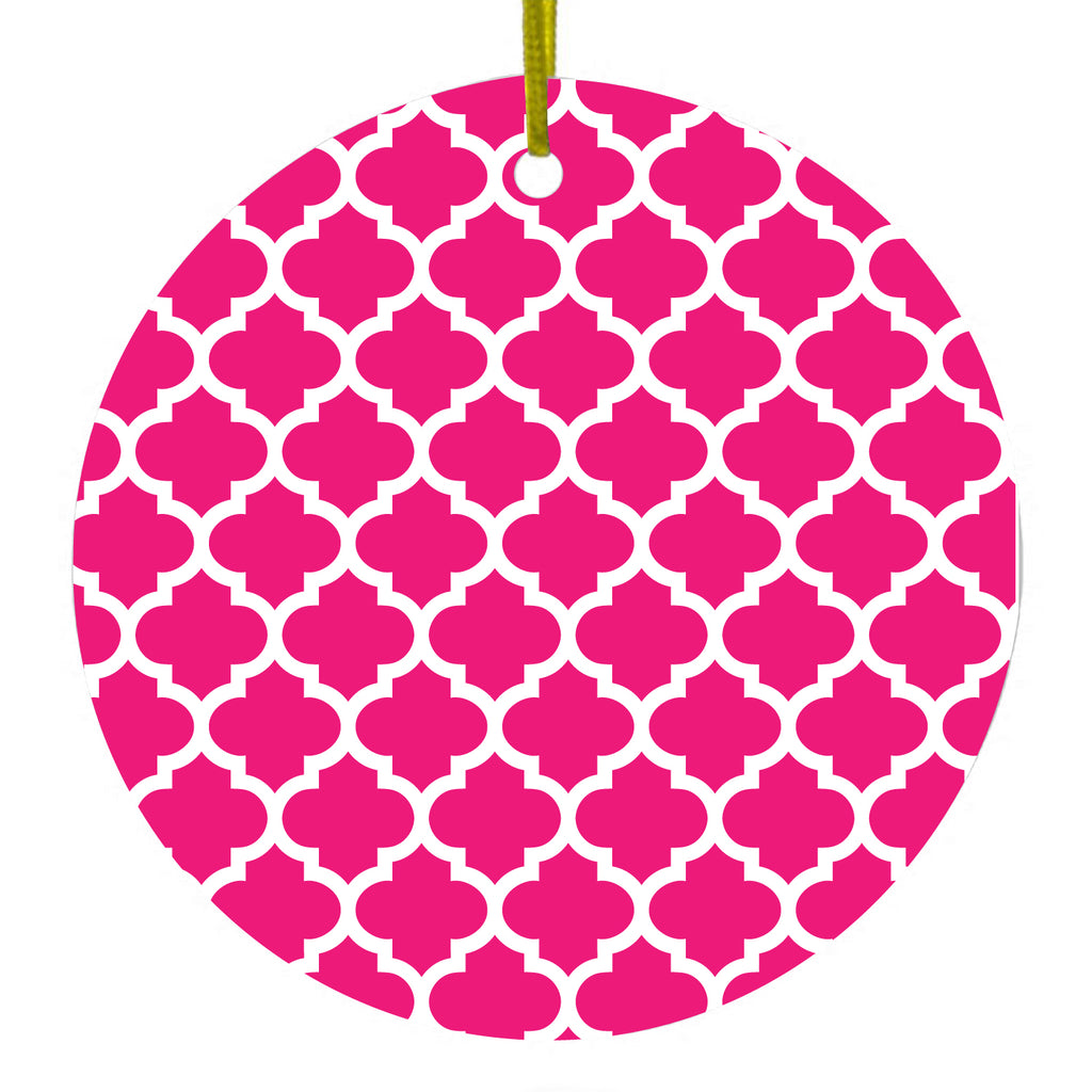 Hot Pink White Moroccan Lattice Ceramic Ornament