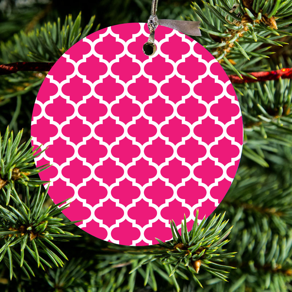 Hot Pink White Moroccan Lattice Ceramic Ornament, view 2