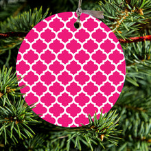 DistinctInk® Hanging Ceramic Christmas Tree Ornament with Gold String - Great Gift / Present - 2 3/4 inch Diameter - Hot Pink White Moroccan Lattice