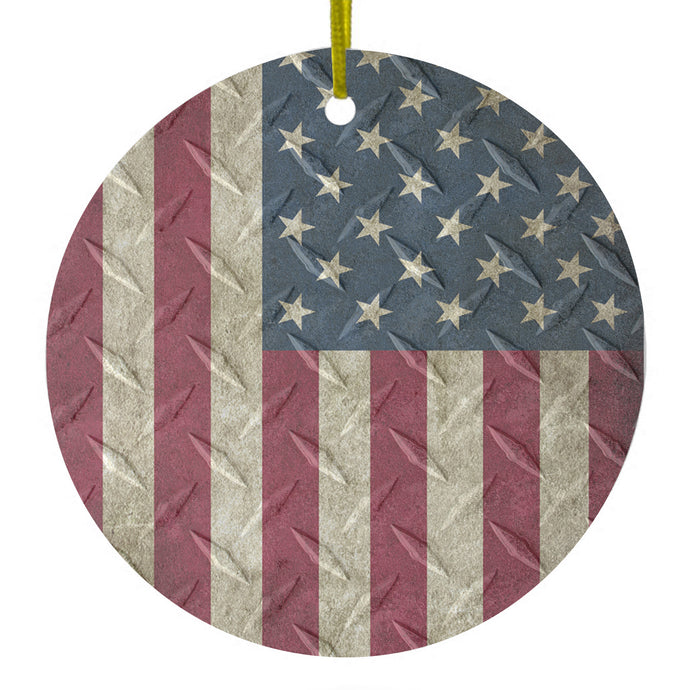 US Flag on Diamond Plate Steel Image Ceramic Ornament