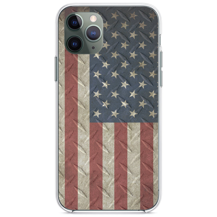 DistinctInk® Clear Shockproof Hybrid Case for Apple iPhone / Samsung Galaxy / Google Pixel - US Flag on Diamond Plate Steel Image