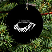 DistinctInk® Hanging Ceramic Christmas Tree Ornament with Gold String - Great Gift / Present - 2 3/4 inch Diameter - No Confirmation Until Inauguration - Ruth Bader Ginsburg - Dissent Colllar - RIP RBG