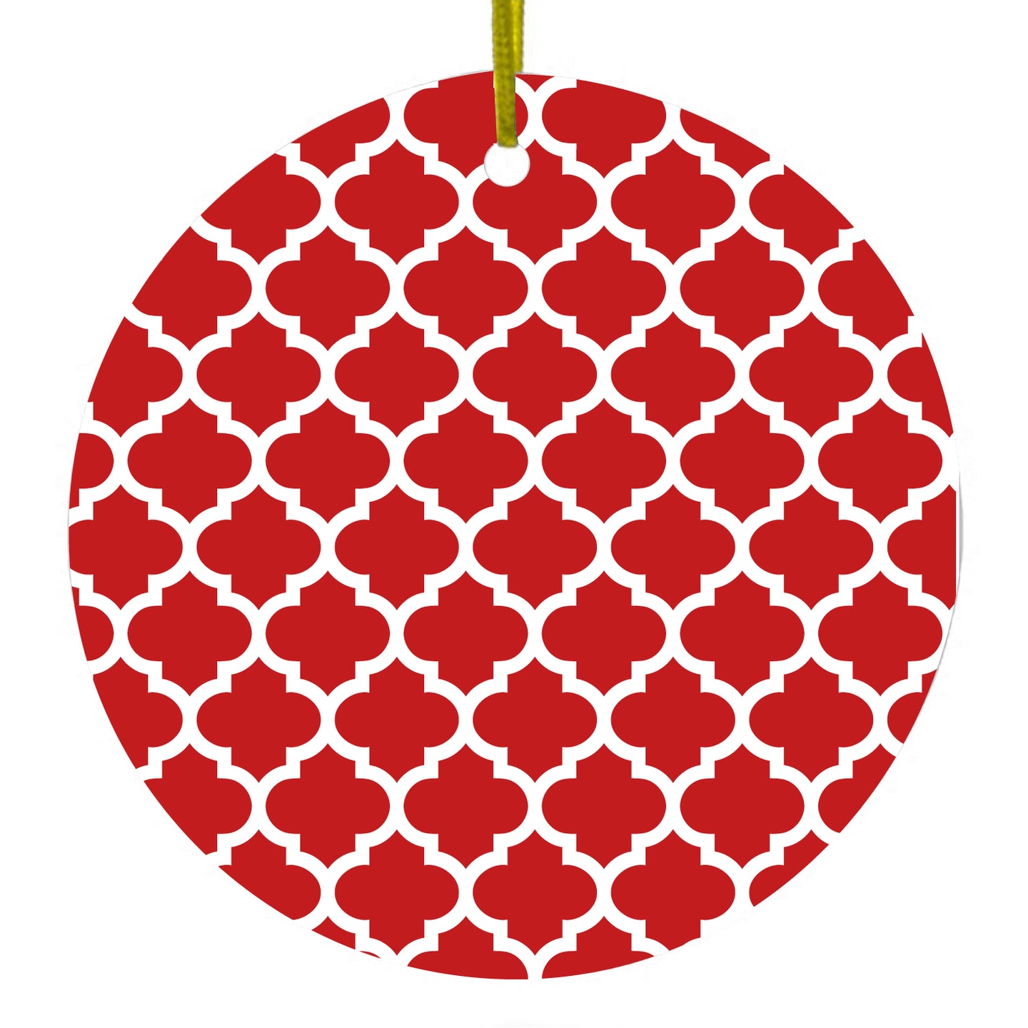 DistinctInk® Hanging Ceramic Christmas Tree Ornament with Gold String - Great Gift / Present - 2 3/4 inch Diameter - Red White Moroccan Lattice