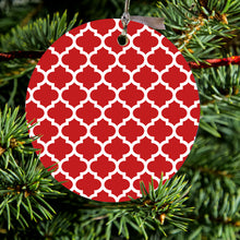 DistinctInk® Hanging Ceramic Christmas Tree Ornament with Gold String - Great Gift / Present - 2 3/4 inch Diameter - Red White Moroccan Lattice