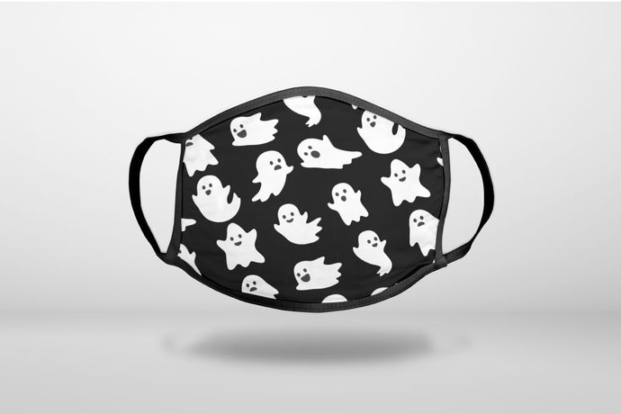 Black & White Flying Cartoon Ghosts - Halloween - 3-Ply Reusable Soft Face Mask Covering, Unisex, Cotton Inner Layer