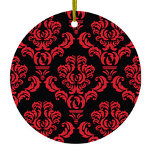 DistinctInk® Hanging Ceramic Christmas Tree Ornament with Gold String - Great Gift / Present - 2 3/4 inch Diameter - Black Red Damask Pattern