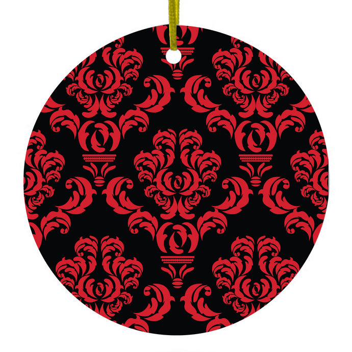 Black Red Damask Pattern Ceramic Ornament