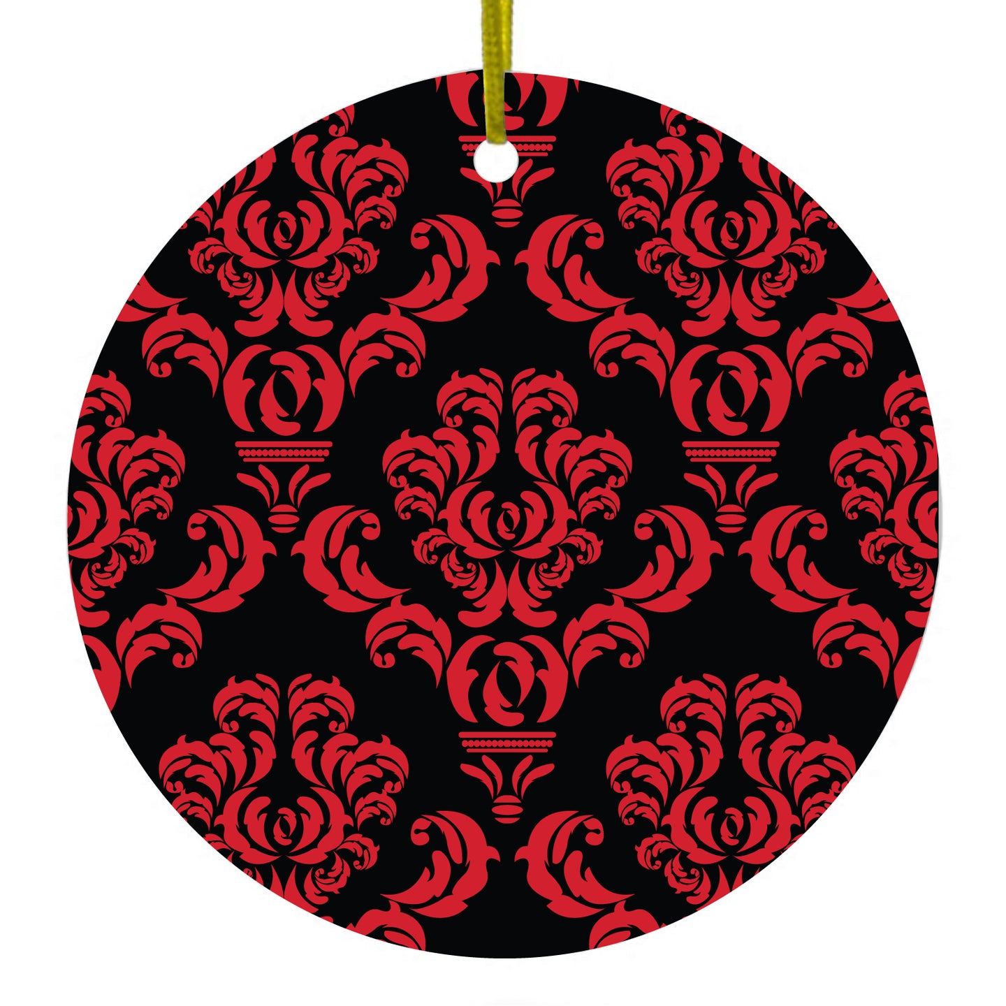 DistinctInk® Hanging Ceramic Christmas Tree Ornament with Gold String - Great Gift / Present - 2 3/4 inch Diameter - Black Red Damask Pattern