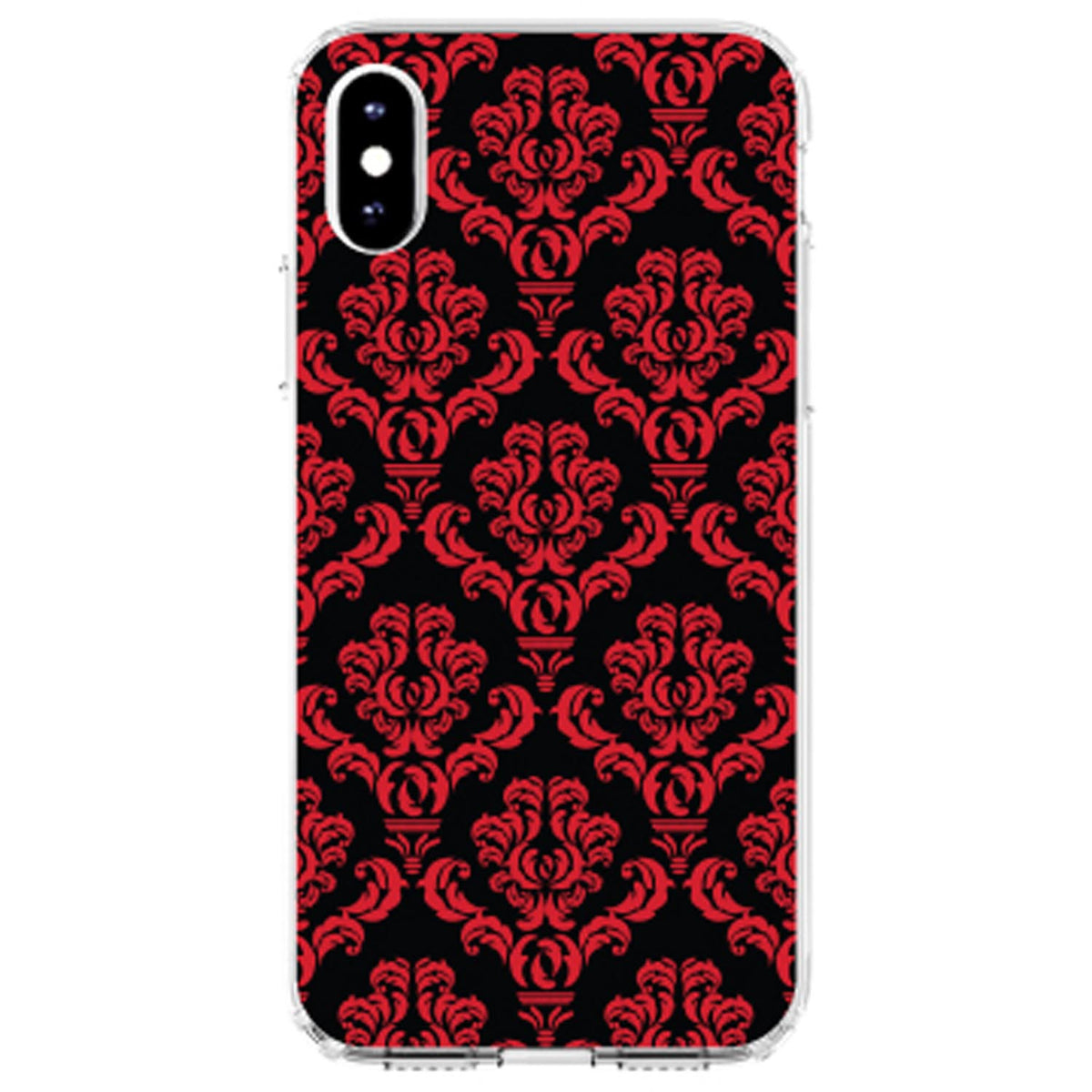 Black Red Damask Pattern Clear Shockproof iPhone Case, view 2