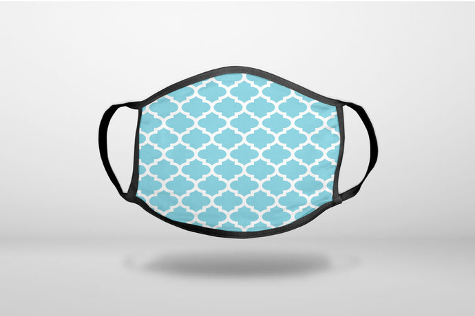 Light Blue White Moroccan Lattice - 3-Ply Reusable Soft Face Mask Covering, Unisex, Cotton Inner Layer