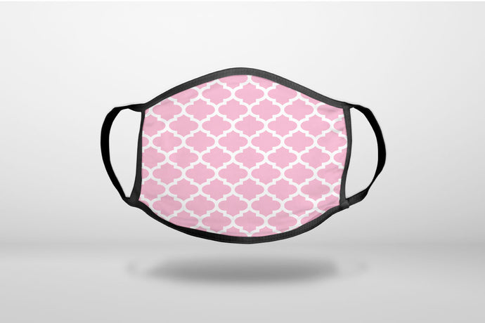 Pink White Moroccan Lattice - 3-Ply Reusable Soft Face Mask Covering, Unisex, Cotton Inner Layer