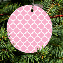 DistinctInk® Hanging Ceramic Christmas Tree Ornament with Gold String - Great Gift / Present - 2 3/4 inch Diameter - Pink White Moroccan Lattice
