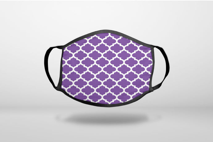 Purple White Moroccan Lattice - 3-Ply Reusable Soft Face Mask Covering, Unisex, Cotton Inner Layer