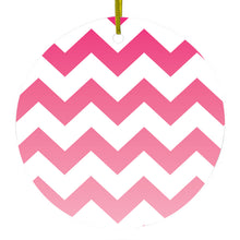 DistinctInk® Hanging Ceramic Christmas Tree Ornament with Gold String - Great Gift / Present - 2 3/4 inch Diameter - White Pink Fade Ombré Chevron Stripes