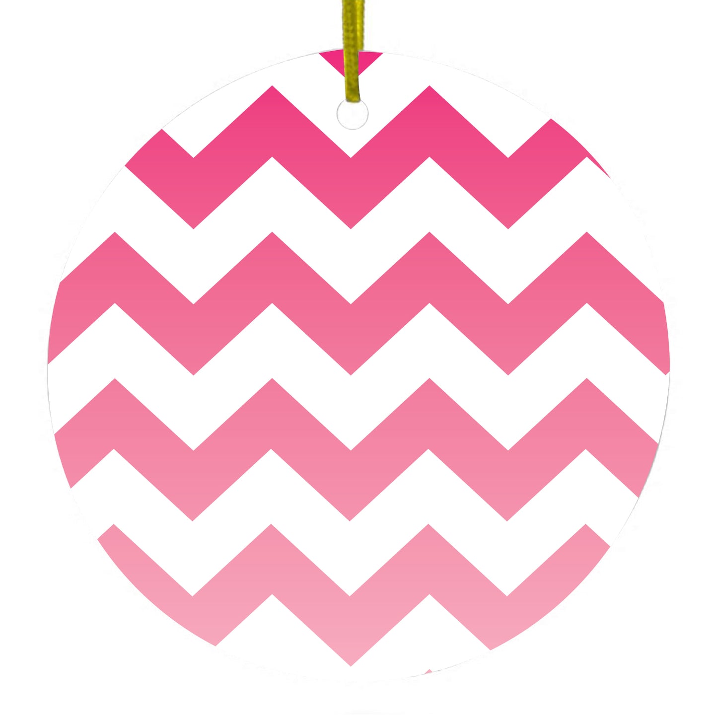 DistinctInk® Hanging Ceramic Christmas Tree Ornament with Gold String - Great Gift / Present - 2 3/4 inch Diameter - White Pink Fade Ombré Chevron Stripes