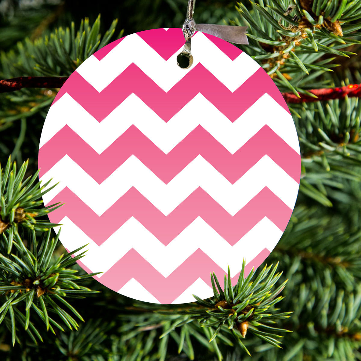 White Pink Fade Ombré Chevron Stripes Ceramic Ornament, view 2