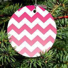 DistinctInk® Hanging Ceramic Christmas Tree Ornament with Gold String - Great Gift / Present - 2 3/4 inch Diameter - White Pink Fade Ombré Chevron Stripes