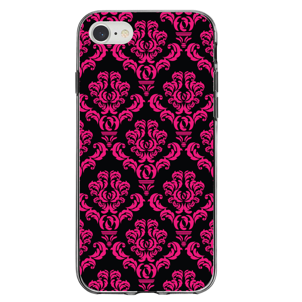 Black Hot Pink Damask Pattern Clear Shockproof iPhone Case, view 5