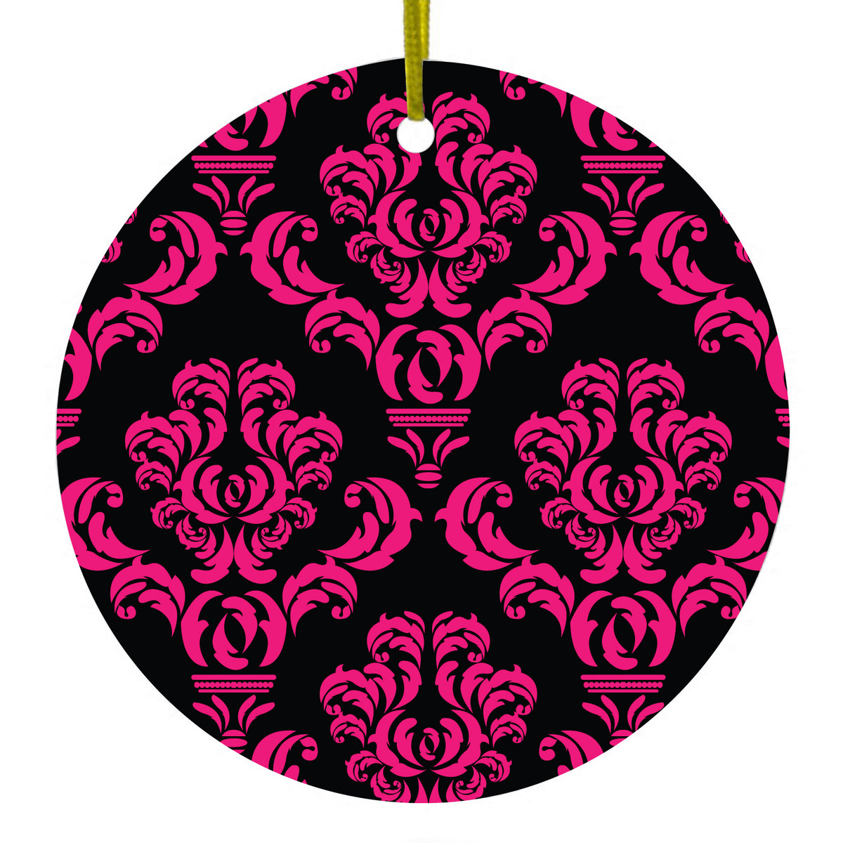 Black Hot Pink Damask Pattern Ceramic Ornament