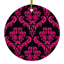 DistinctInk® Hanging Ceramic Christmas Tree Ornament with Gold String - Great Gift / Present - 2 3/4 inch Diameter - Black Hot Pink Damask Pattern