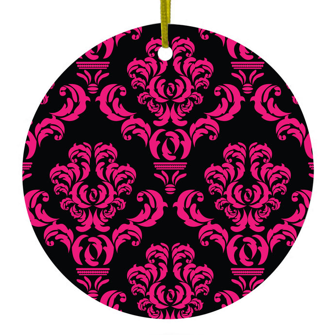 Black Hot Pink Damask Pattern Ceramic Ornament