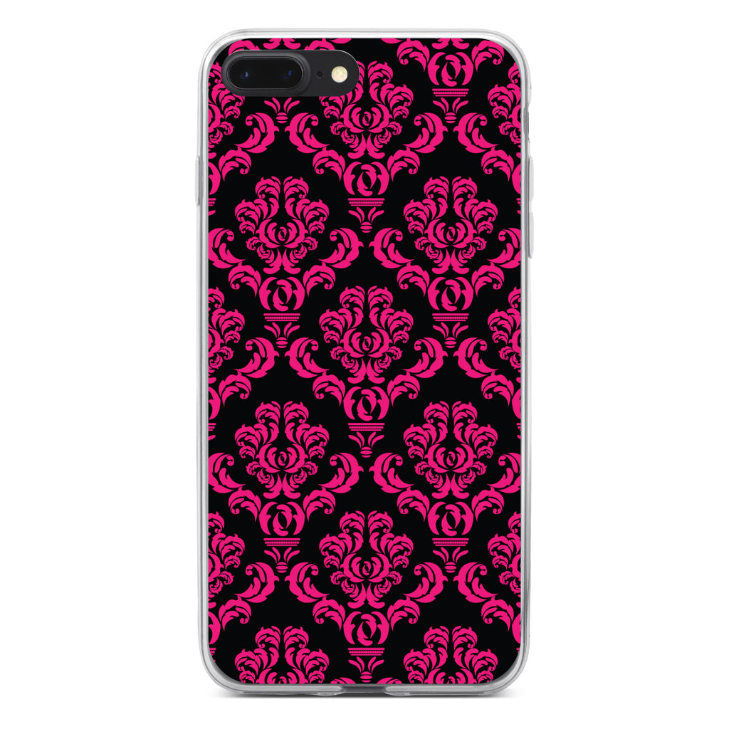 Black Hot Pink Damask Pattern Clear Shockproof iPhone Case, view 6