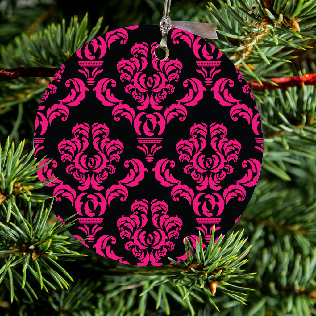 Black Hot Pink Damask Pattern Ceramic Ornament, view 2