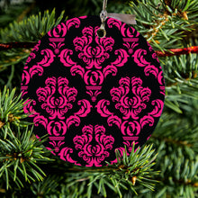 DistinctInk® Hanging Ceramic Christmas Tree Ornament with Gold String - Great Gift / Present - 2 3/4 inch Diameter - Black Hot Pink Damask Pattern