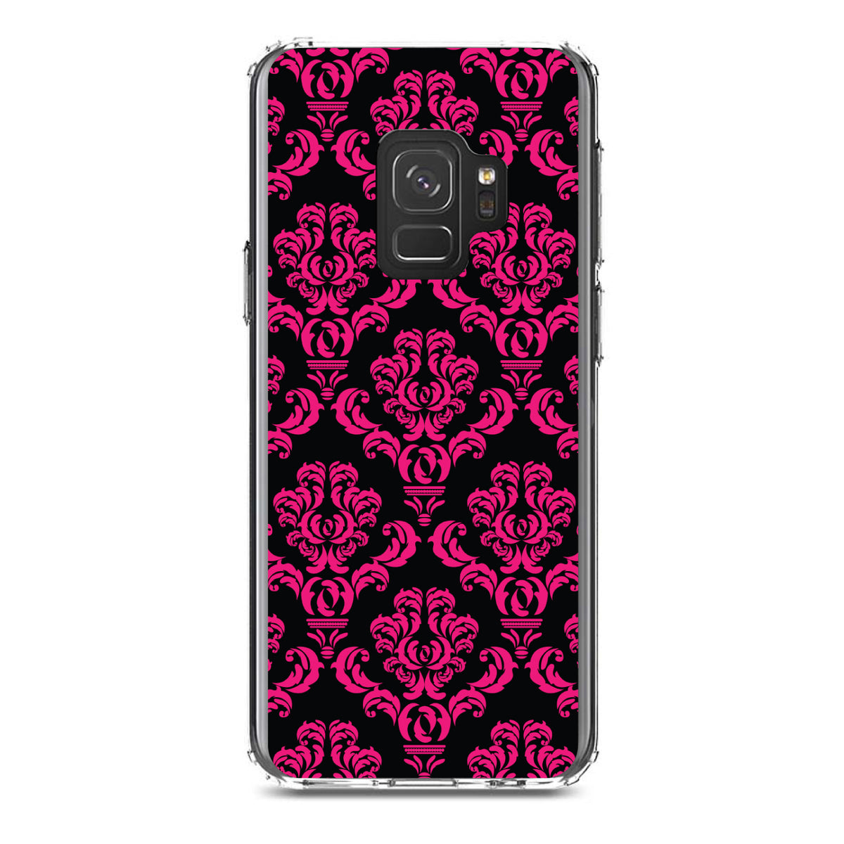 Black Hot Pink Damask Pattern Clear Shockproof iPhone Case, view 19