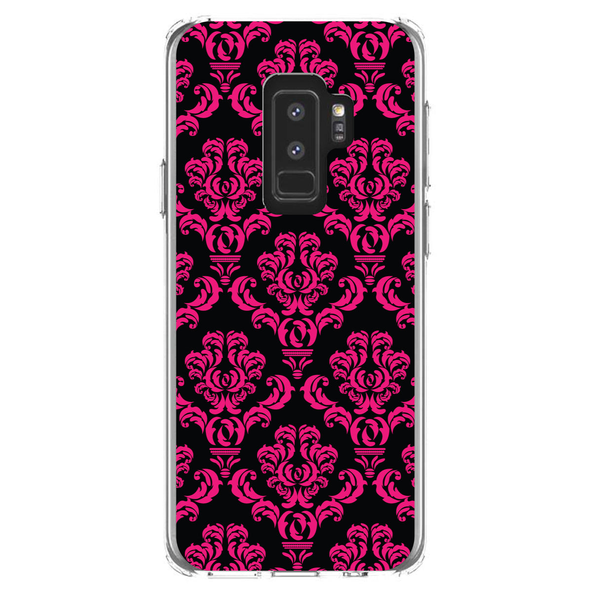 Black Hot Pink Damask Pattern Clear Shockproof iPhone Case, view 20