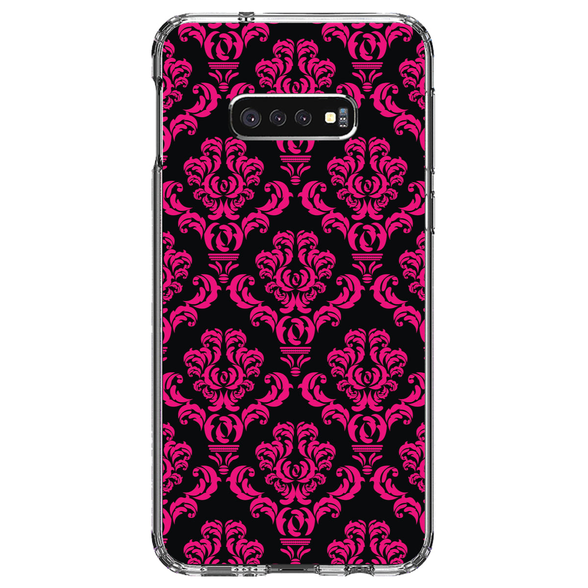 Black Hot Pink Damask Pattern Clear Shockproof iPhone Case, view 18