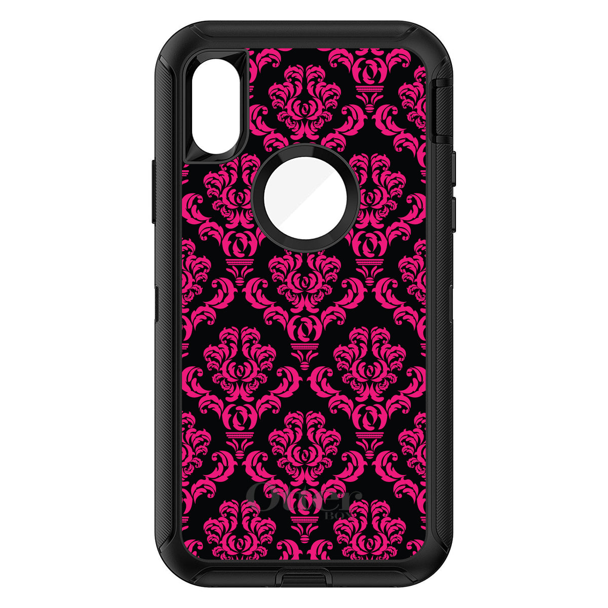 Black Hot Pink Damask Pattern OtterBox Defender Case for iPhone & Galaxy, view 3