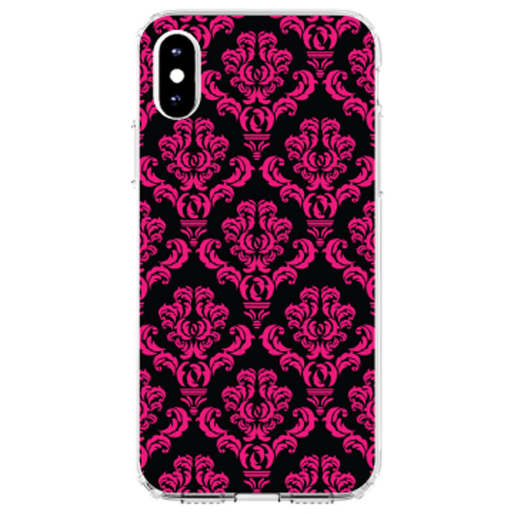 Black Hot Pink Damask Pattern Clear Shockproof iPhone Case, view 4